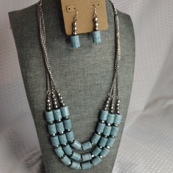 Bocar Silver and Simulated Turquoise Barrel Beaded Necklace and Earring Set - Picture 5 of 5